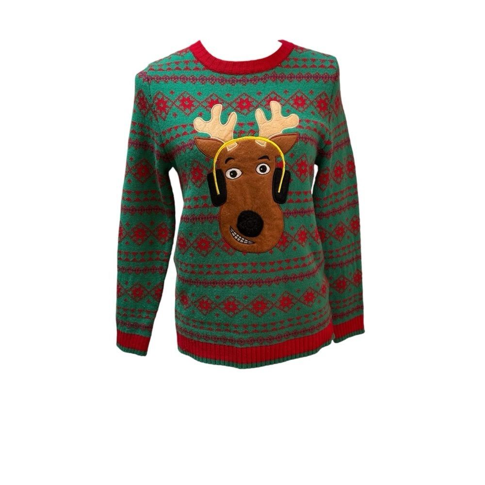 33 Degrees Reindeer Headphones Ugly Christmas Sweater Green Red Fair Isle Large